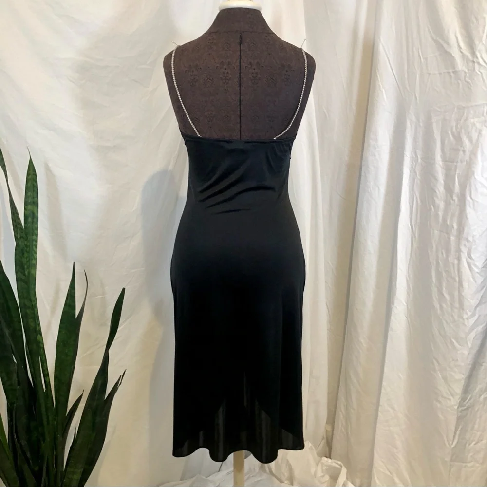 Vintage 1970s Ruched Stretch Knee-Length Disco Dress w/ Rhinestone Straps - Picture 9 of 16